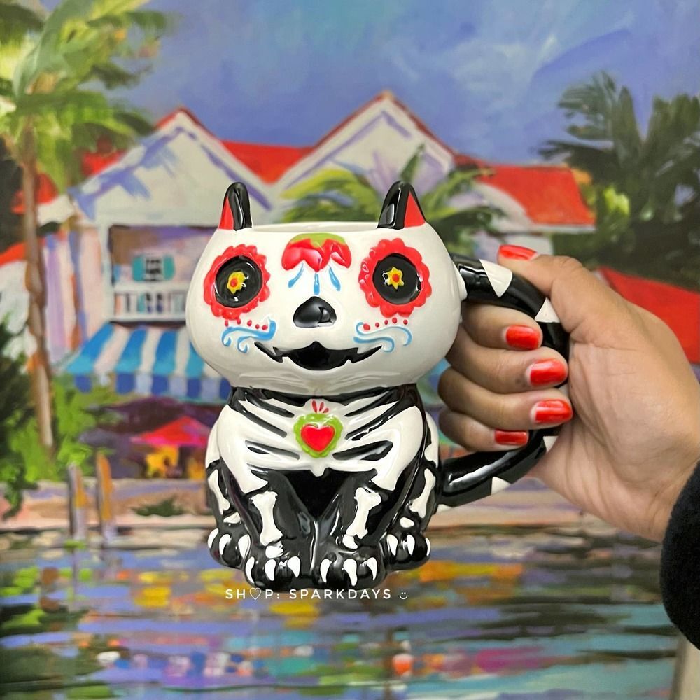 Retro Sugar Skull Kitten Cup Floral Ceramic Skeleton Sacred Heart Cat Coffee Mug